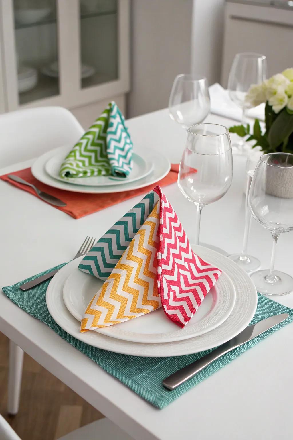 Angle folds add a modern touch to your table.