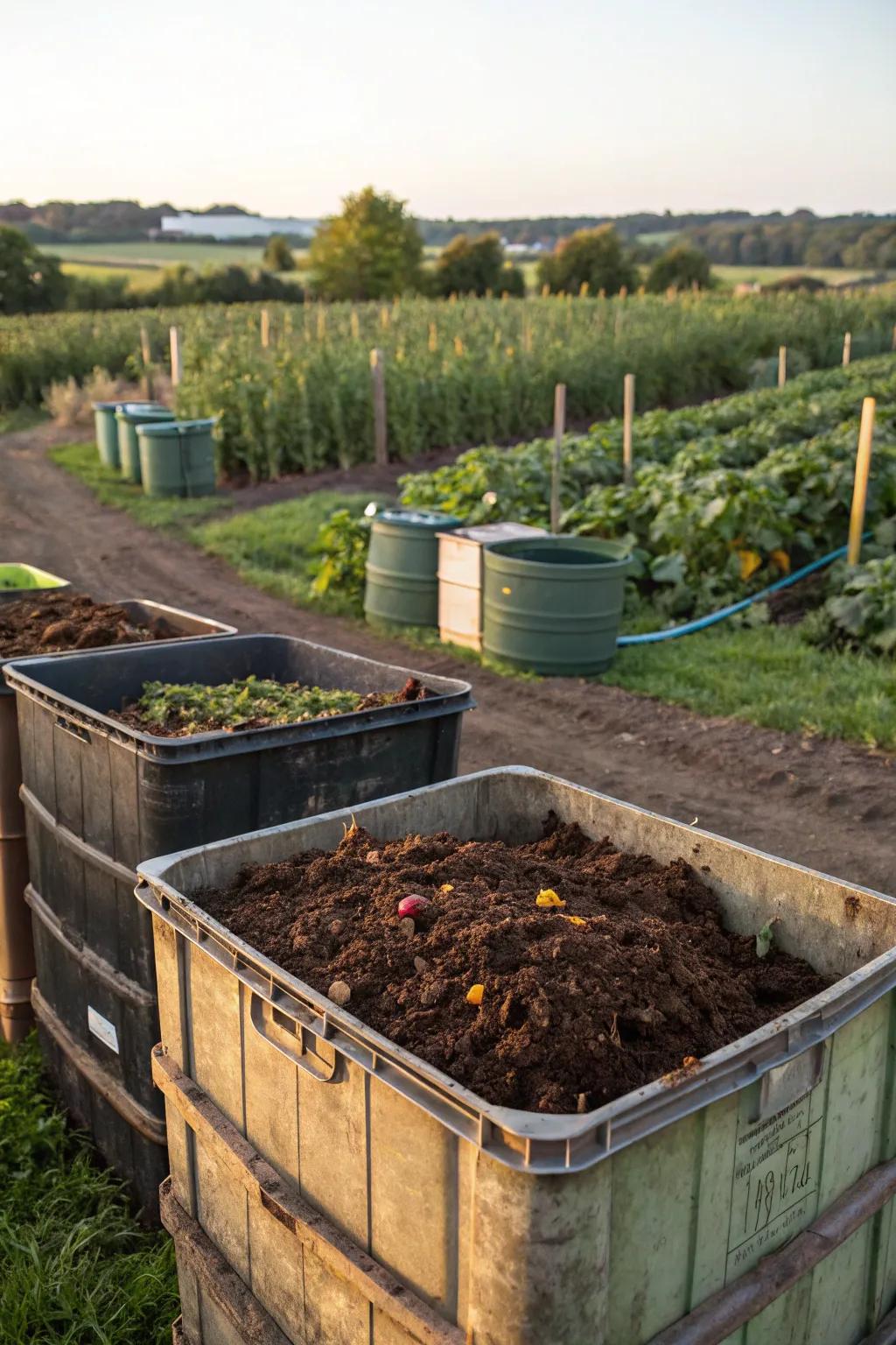 Compost bins transforming waste into valuable soil enrichment.