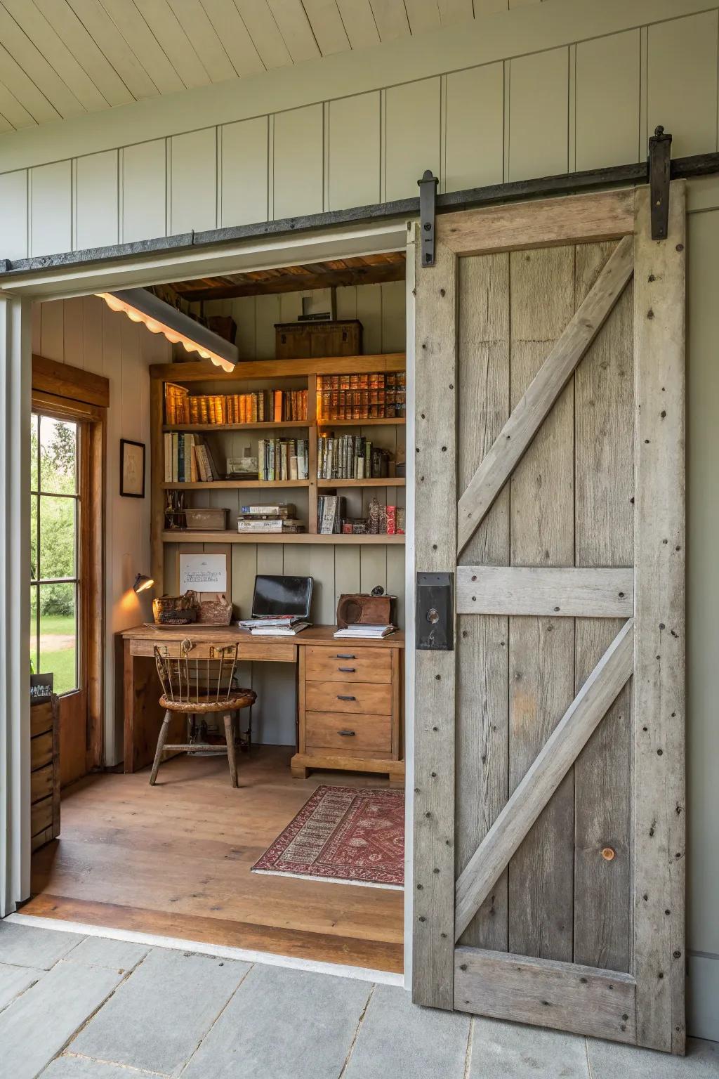 A barn-style sliding door that imparts countryside allure.
