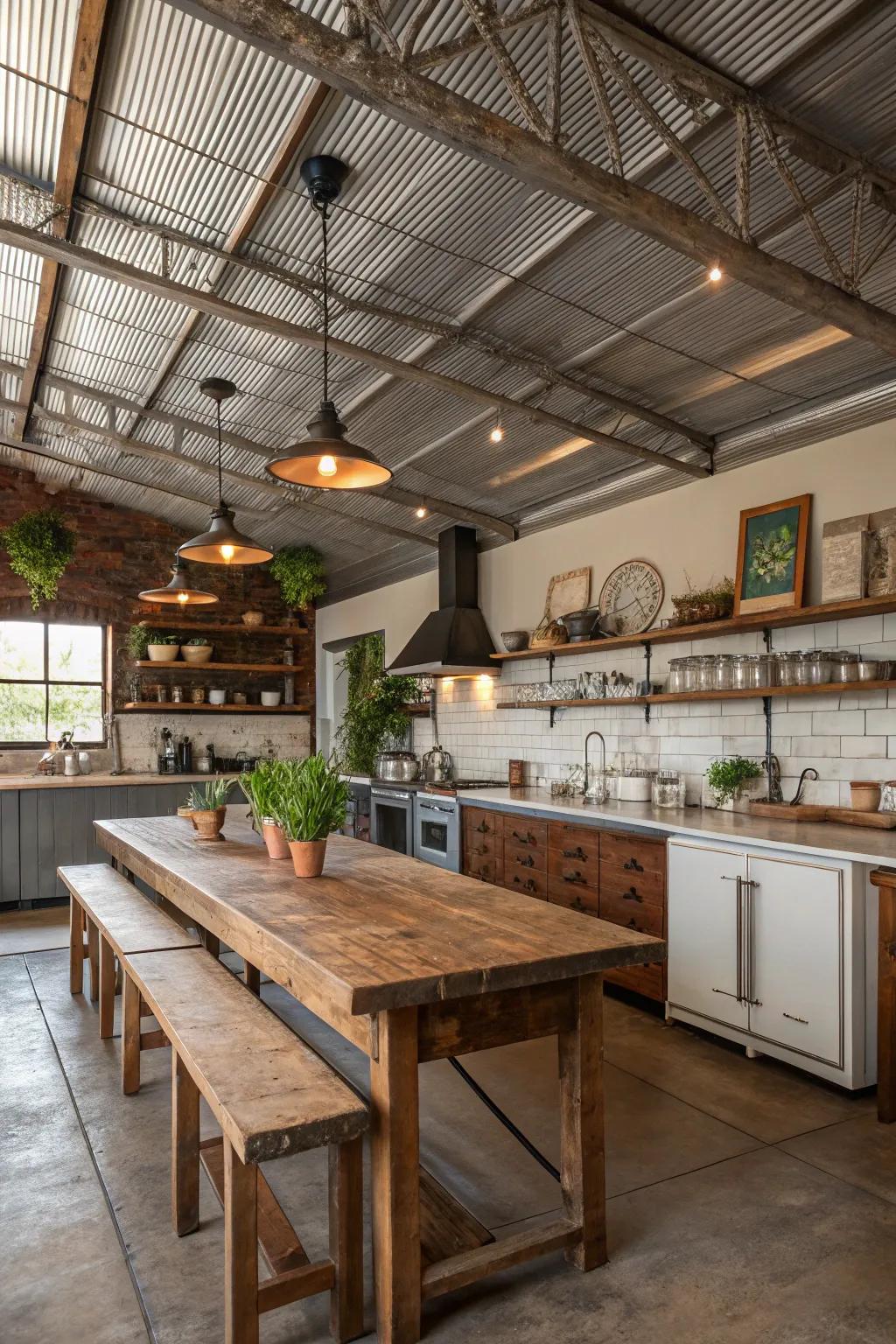 Steel touches introduce an unexpected twist to this farmhouse kitchen ceiling.