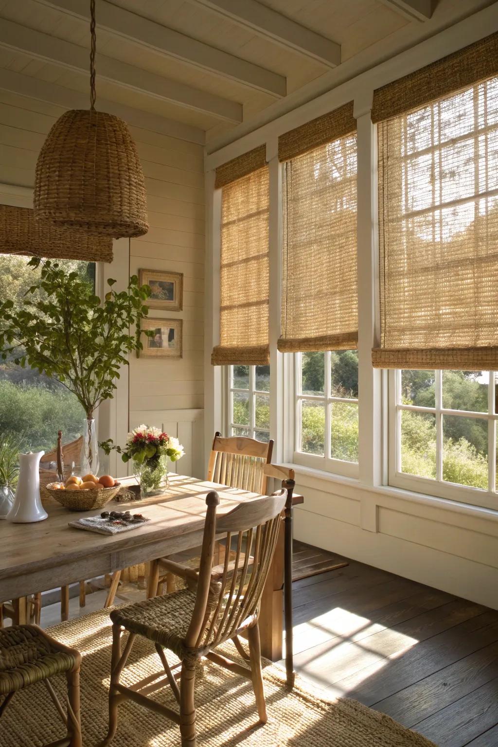 Woven wood blinds giving texture and warmth in a sunny farmhouse dining area.