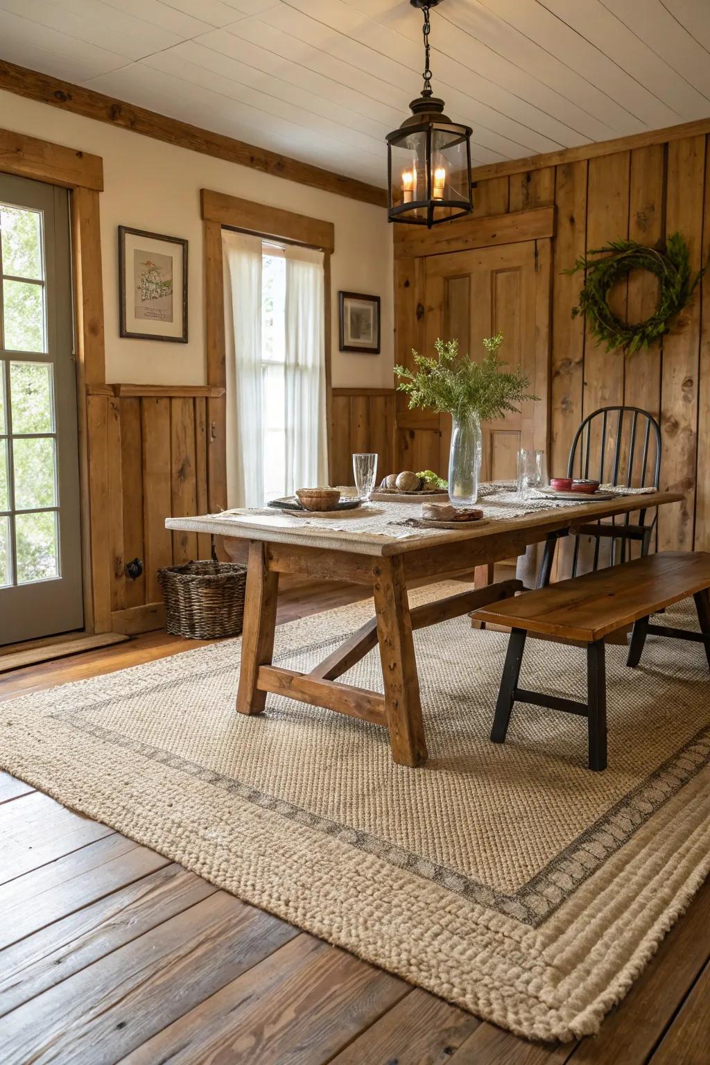 A natural fiber rug infuses warmth and texture to this inviting farmhouse dining space.