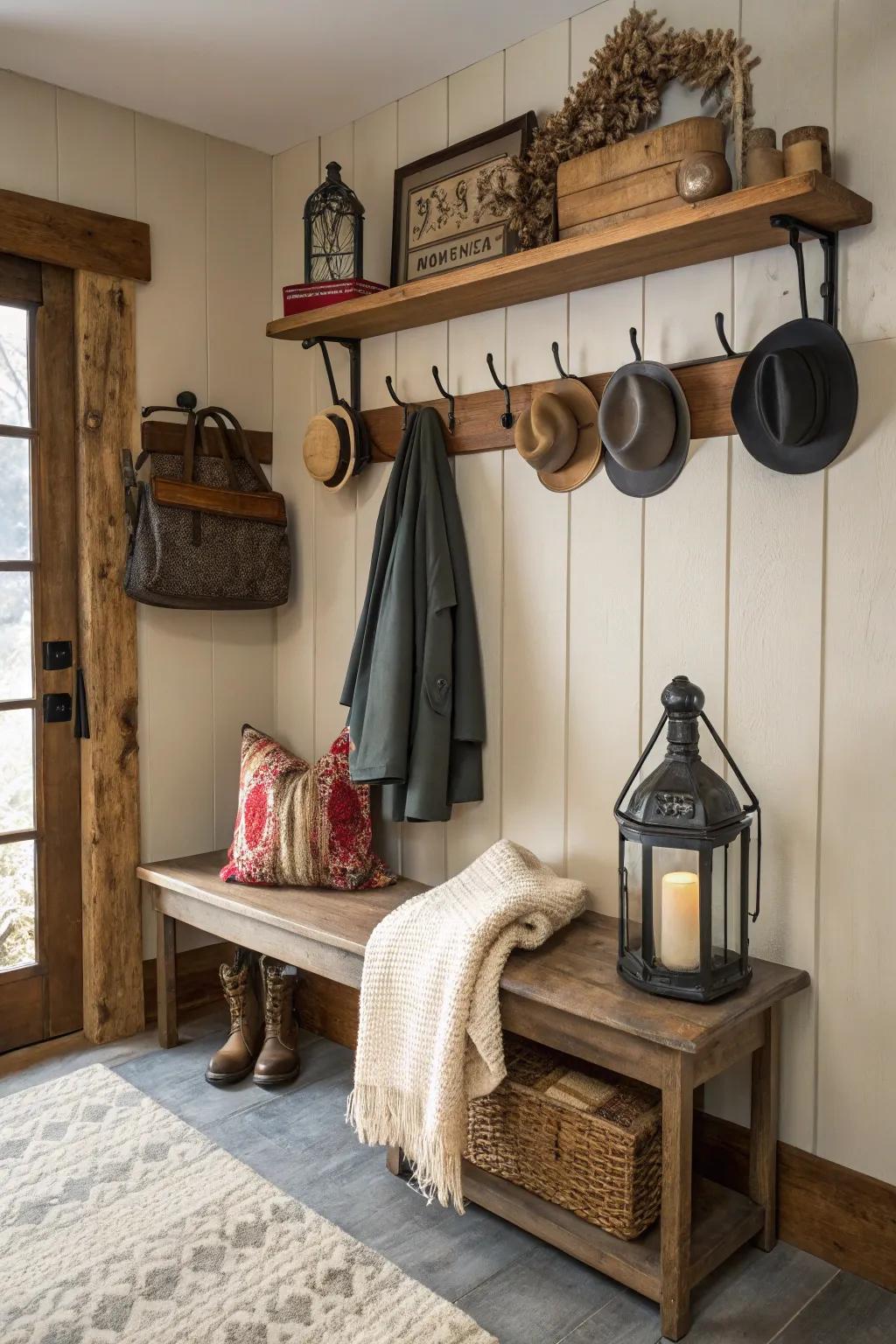 A practical and stylish farmhouse entryway with a wall-mounted coat rack.