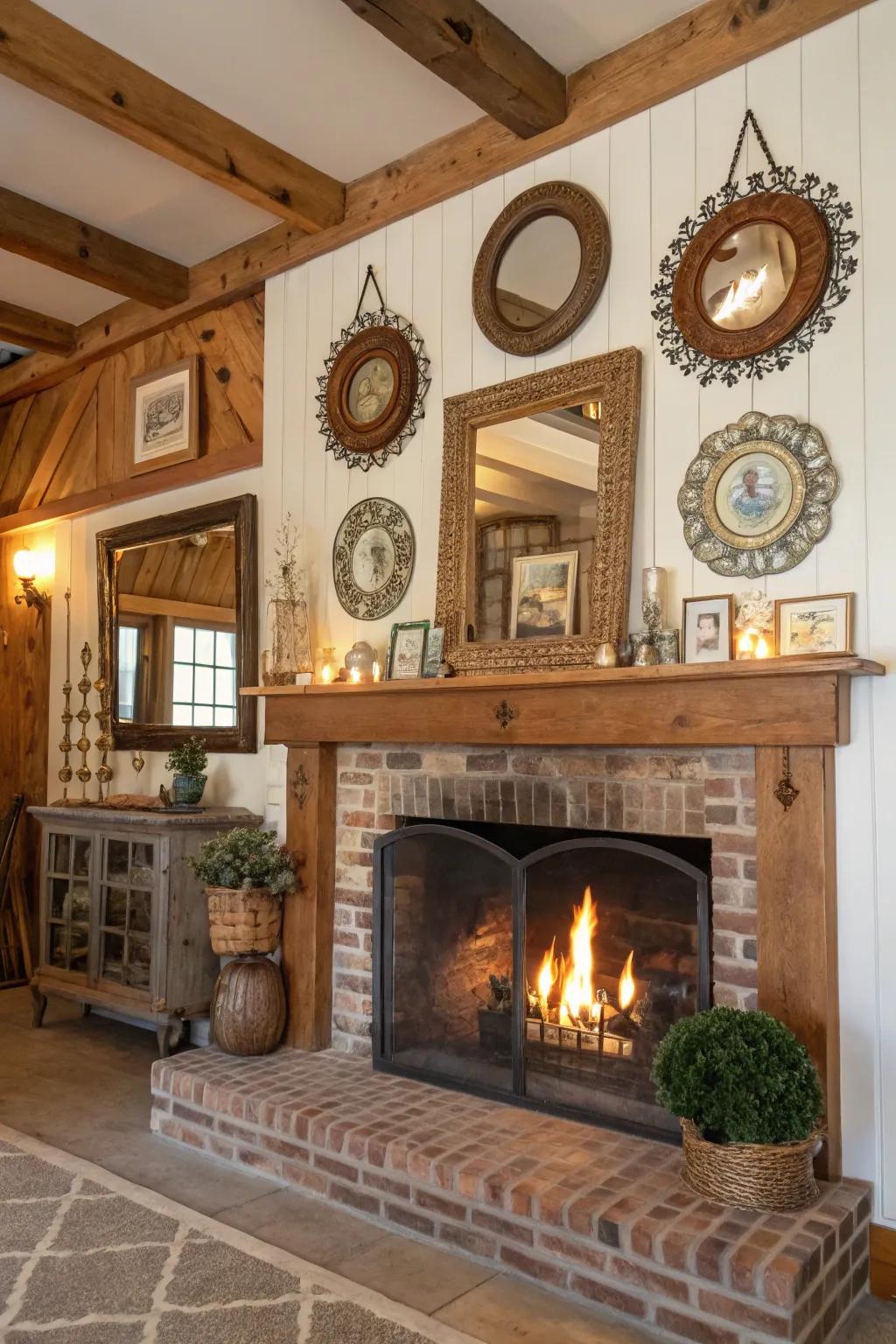 Decorative elements enhance this farmhouse fireplace.