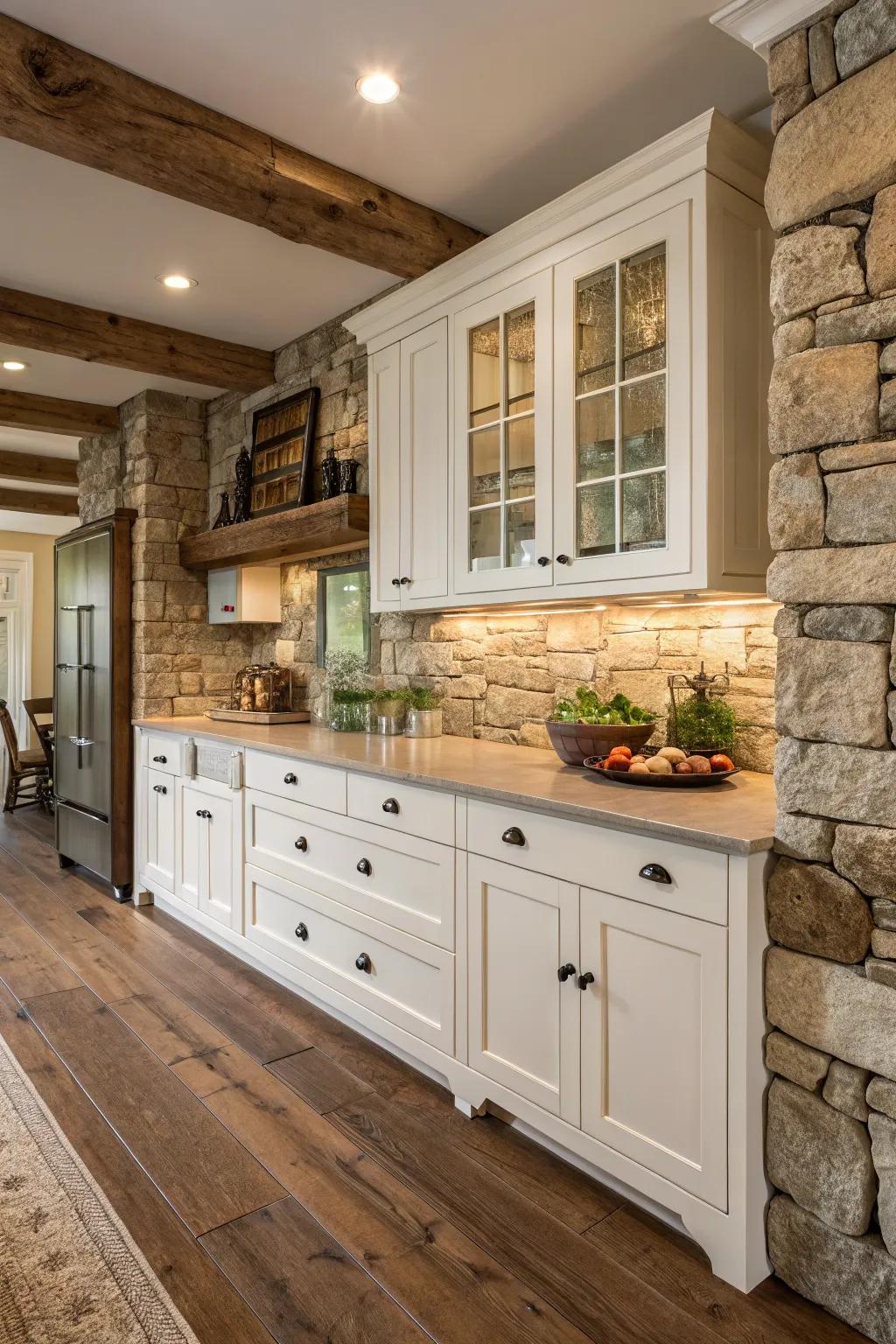 Natural stone adds an earthy elegance to this farmhouse kitchen with white cabinets.