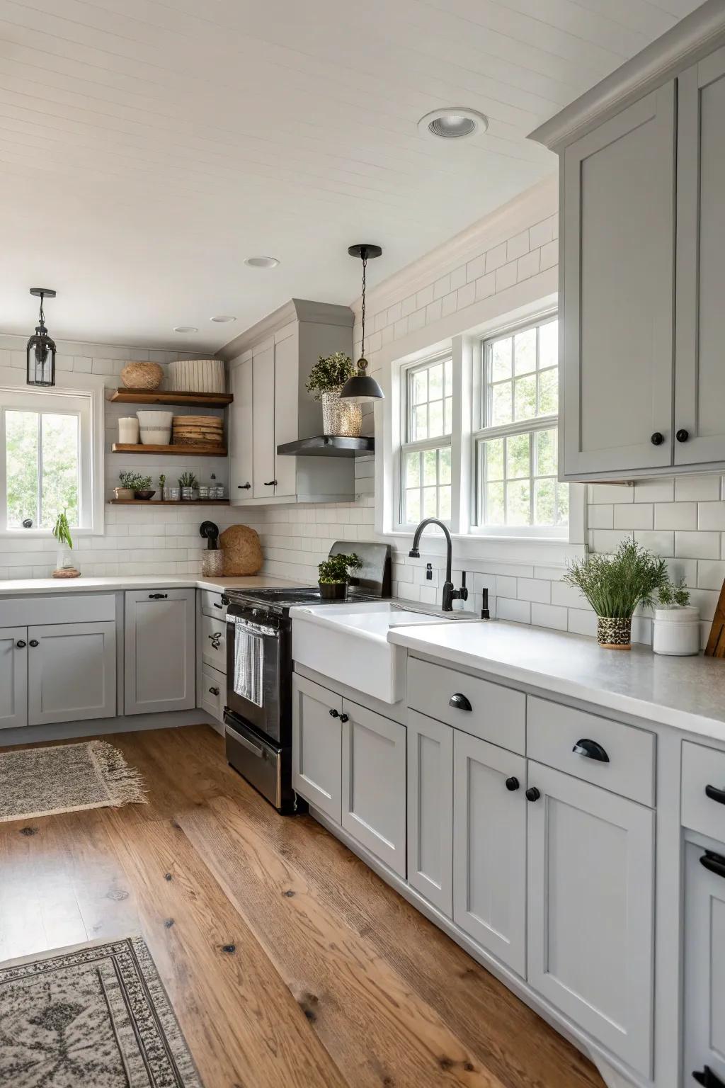 Monochrome chalk paint adds a modern edge to a farmhouse kitchen.