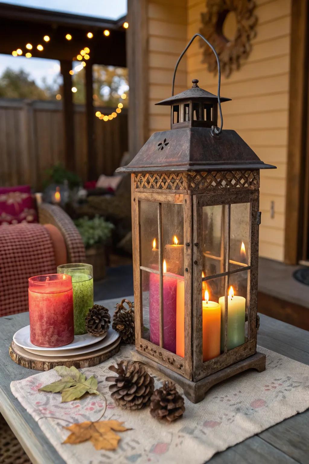 Colored candles inject a burst of color within lanterns.