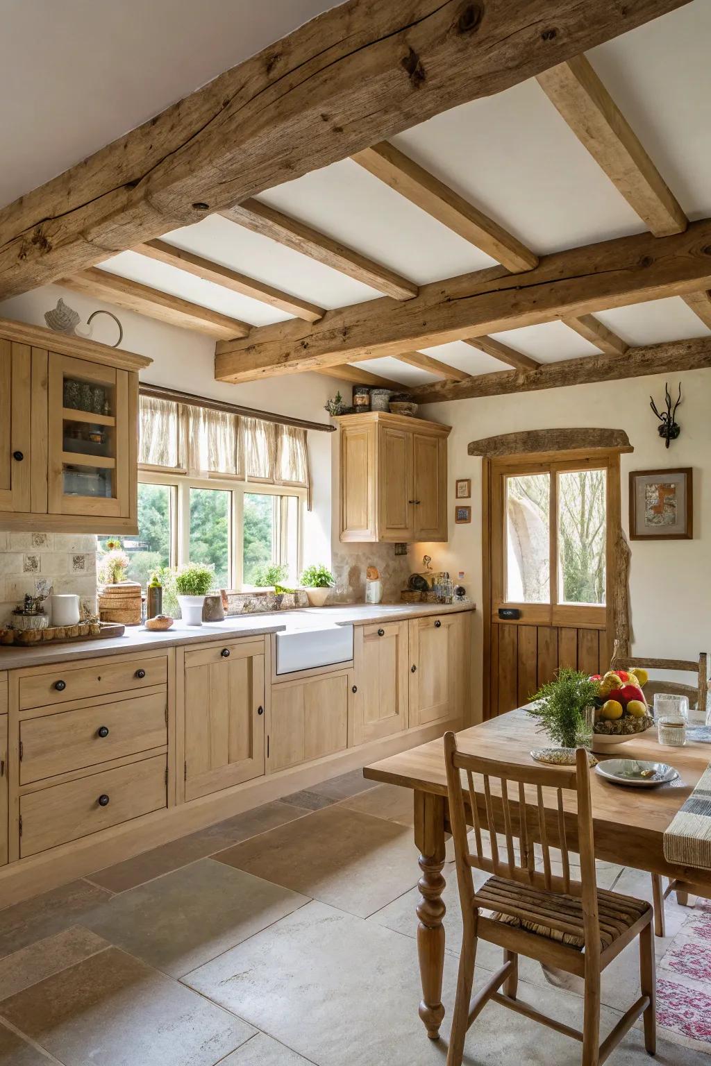 Country beams enhance the country feeling of a cooking area with pale timber fittings.