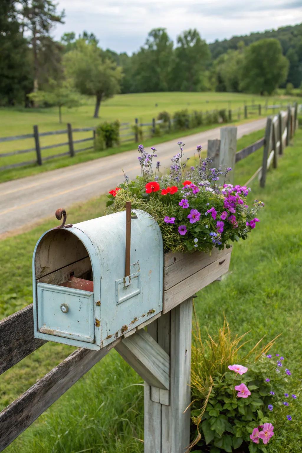 A plant box adds vibrant greenery to this farmhouse mailbox.
