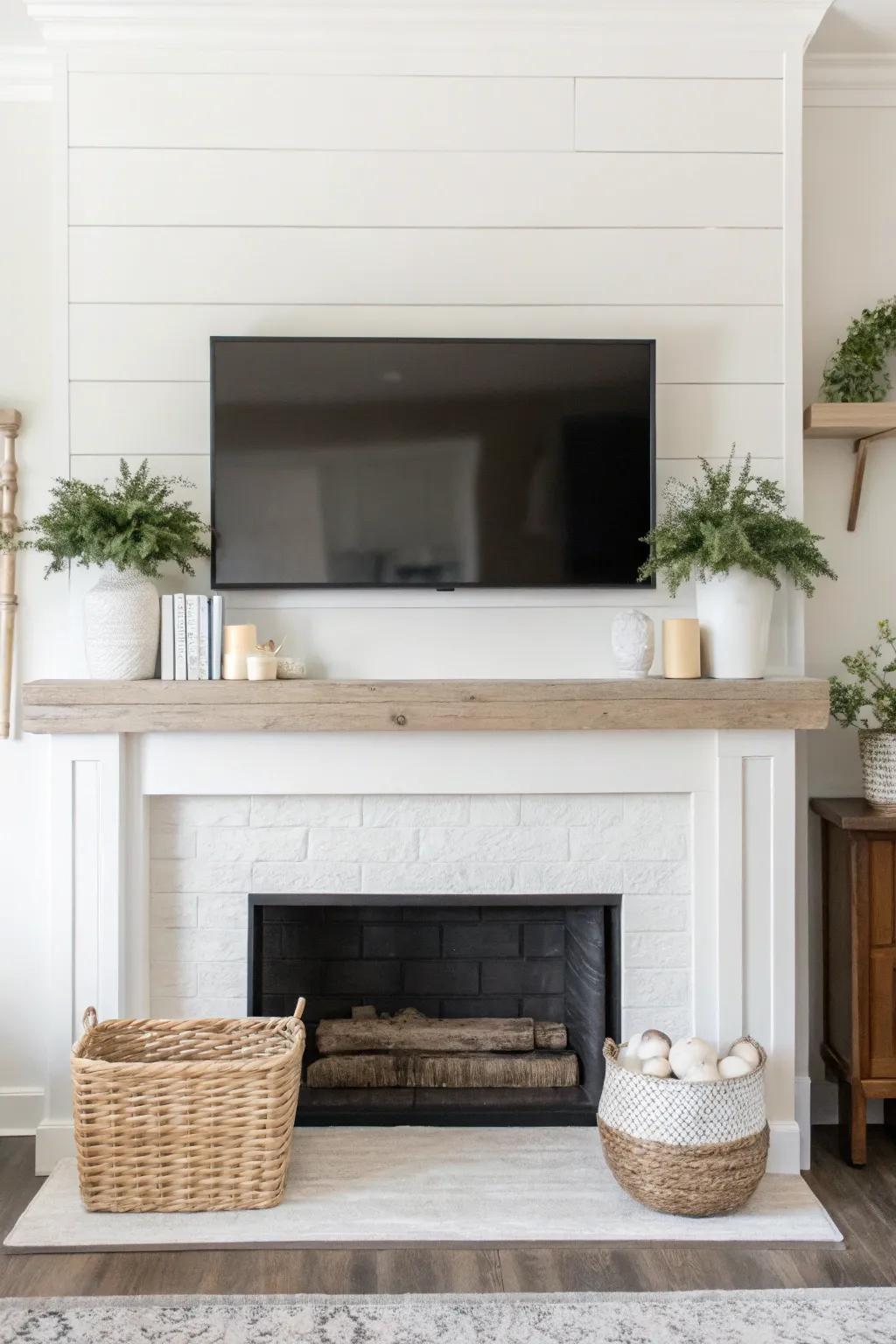 A pared-down farmhouse mantel beneath a TV, displaying simple and graceful d&eacute;cor.