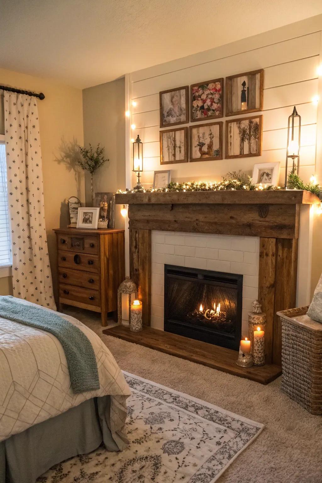 A simulated fireplace contributes rustic charm and a cozy centerpiece.