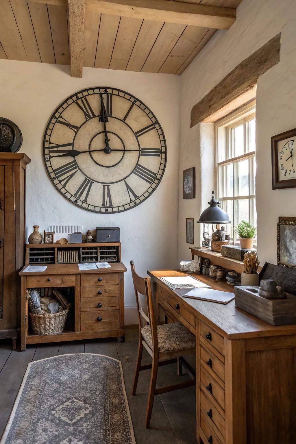 A classic timepiece serves as a stylish centerpiece.