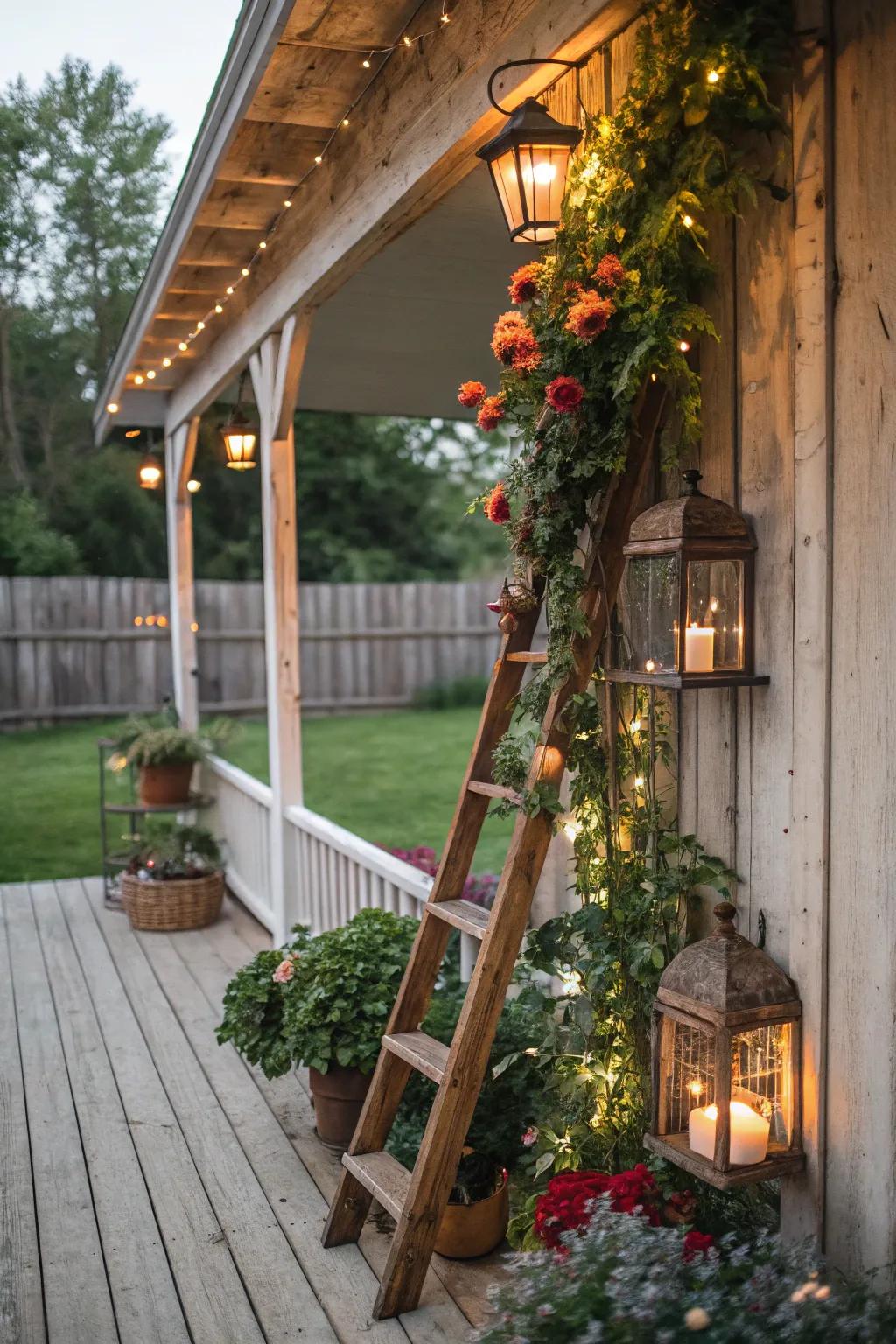 Inviting porch decoration including a wooden ladder