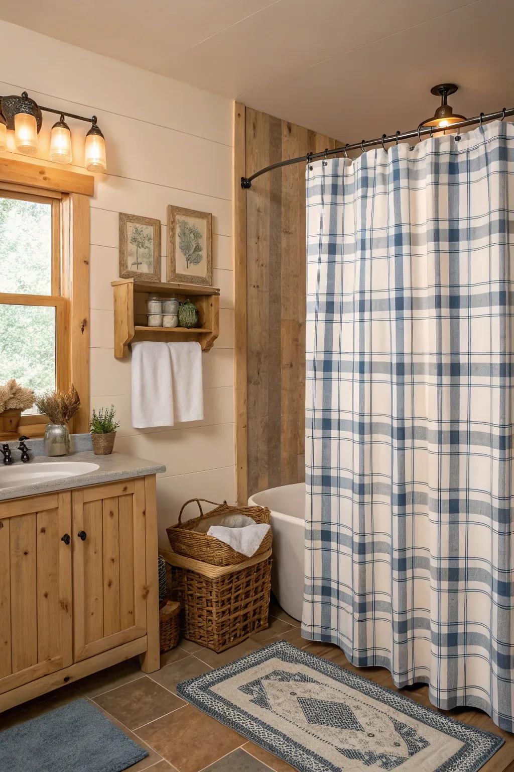 A bathroom with a country house tartan shower curtain crafting a snug atmosphere.