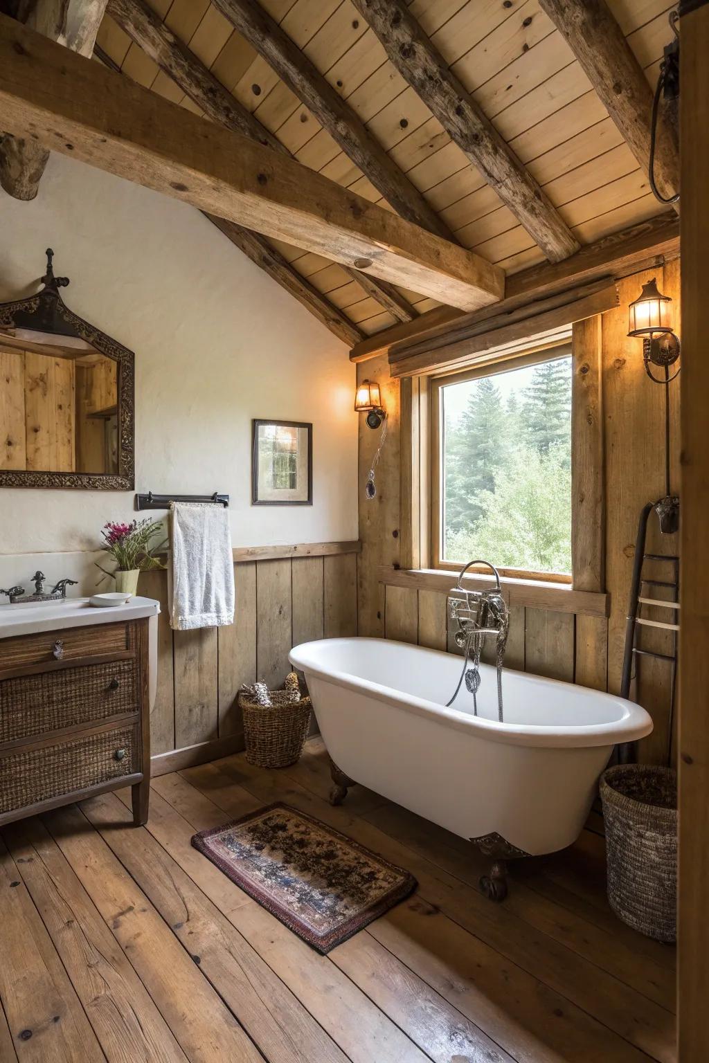 A compact freestanding tub adds a touch of luxury and beauty to this small bathroom.