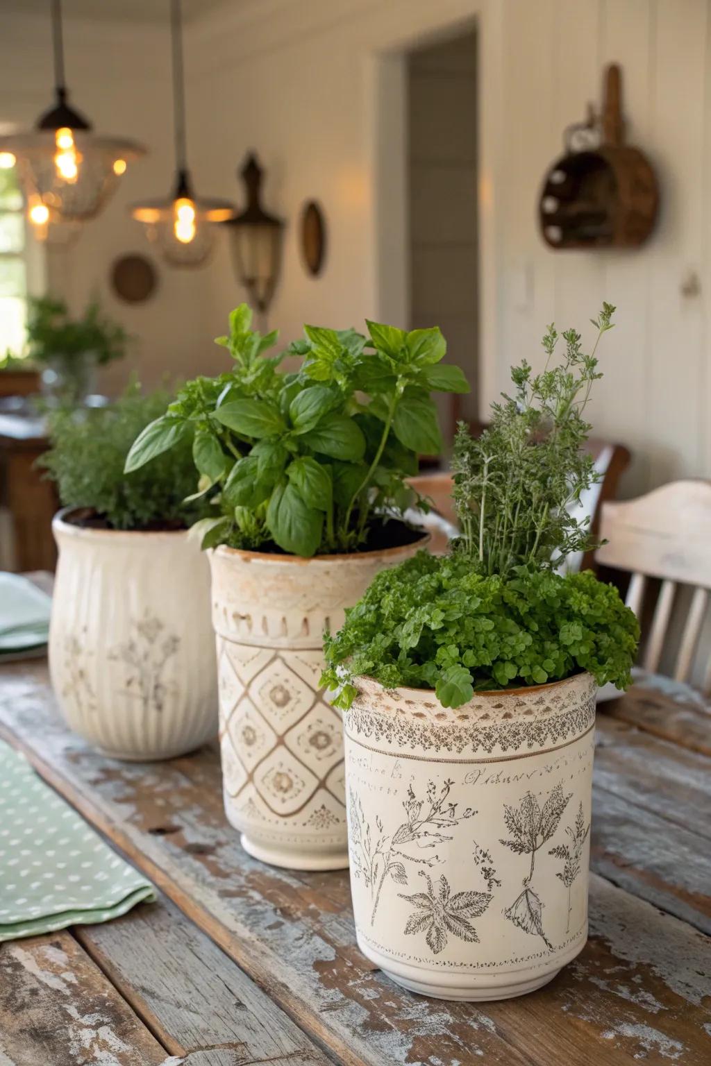 Antique jars filled with herbs bring a fresh, natural scent to your table.