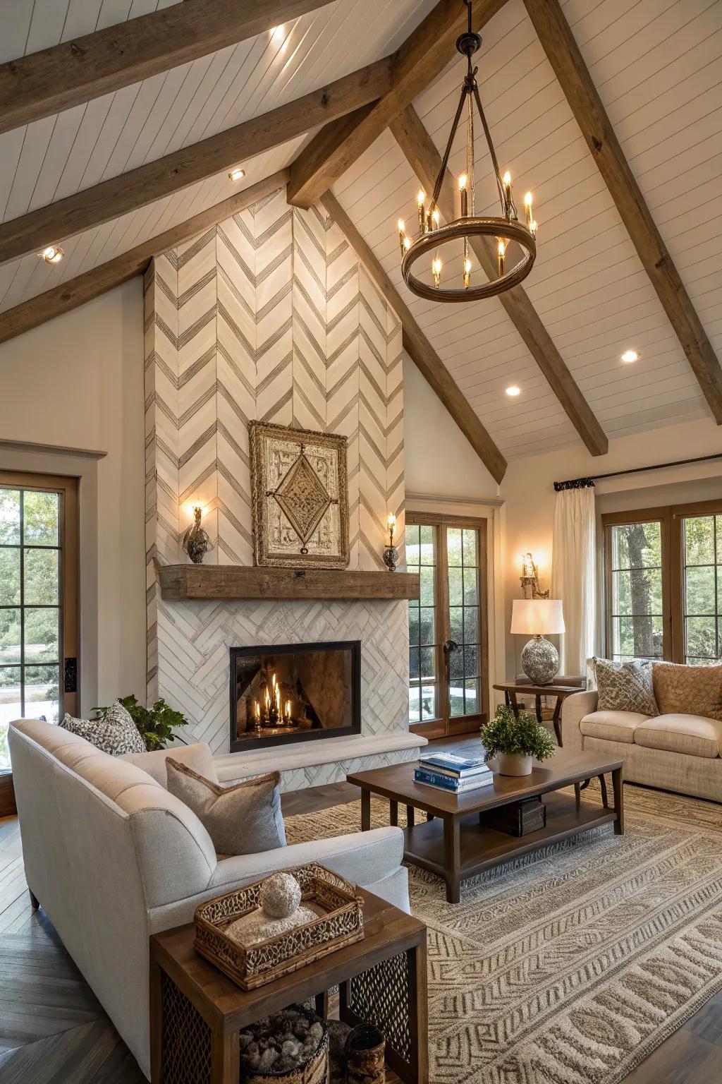 A herringbone-patterned fireplace adding elegance to a living space.