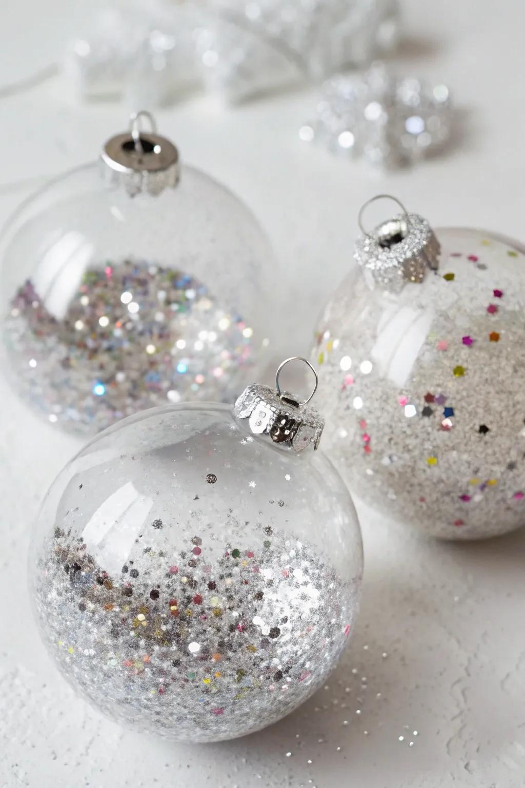 Shimmering ornaments filled with glitter and sequins.