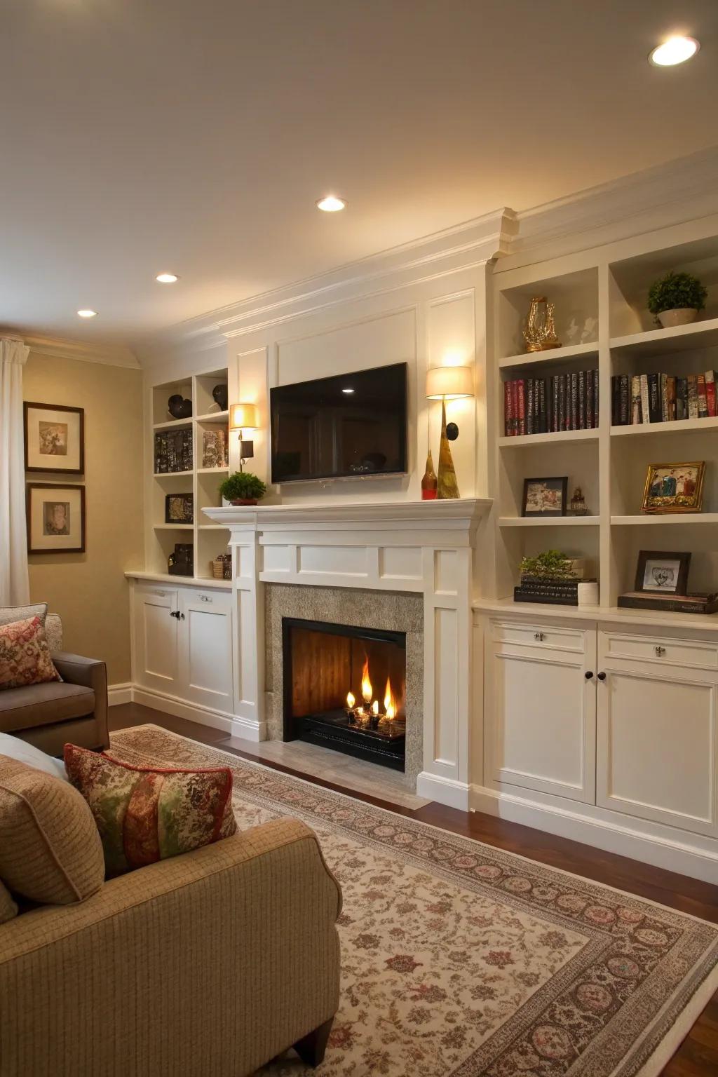 A living area with a fireplace recess smartly designed with concealed holding.