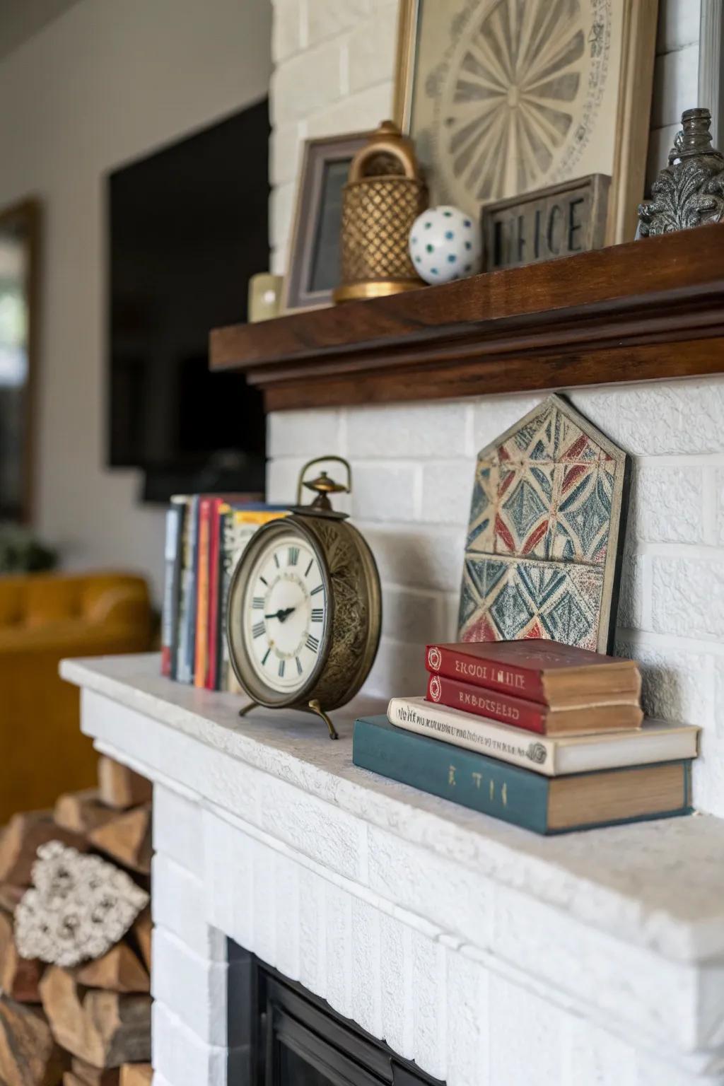 A varied blend of vintage and contemporary pieces on the mantel