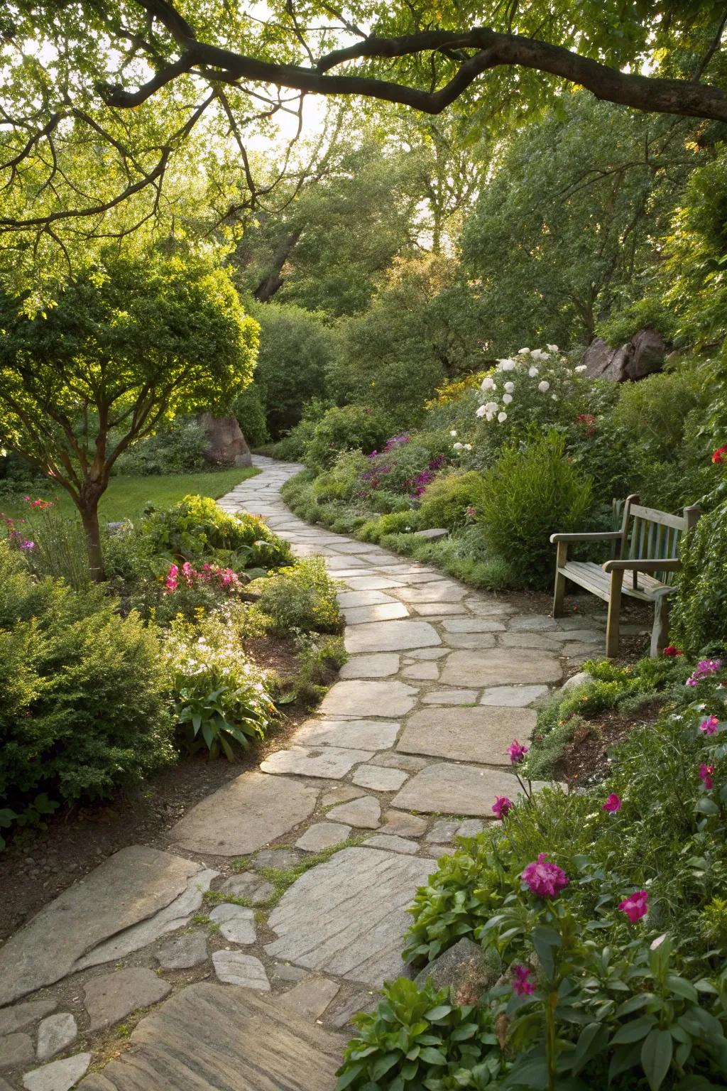 A serpentine paving stone pathway inviting exploration and discovery.