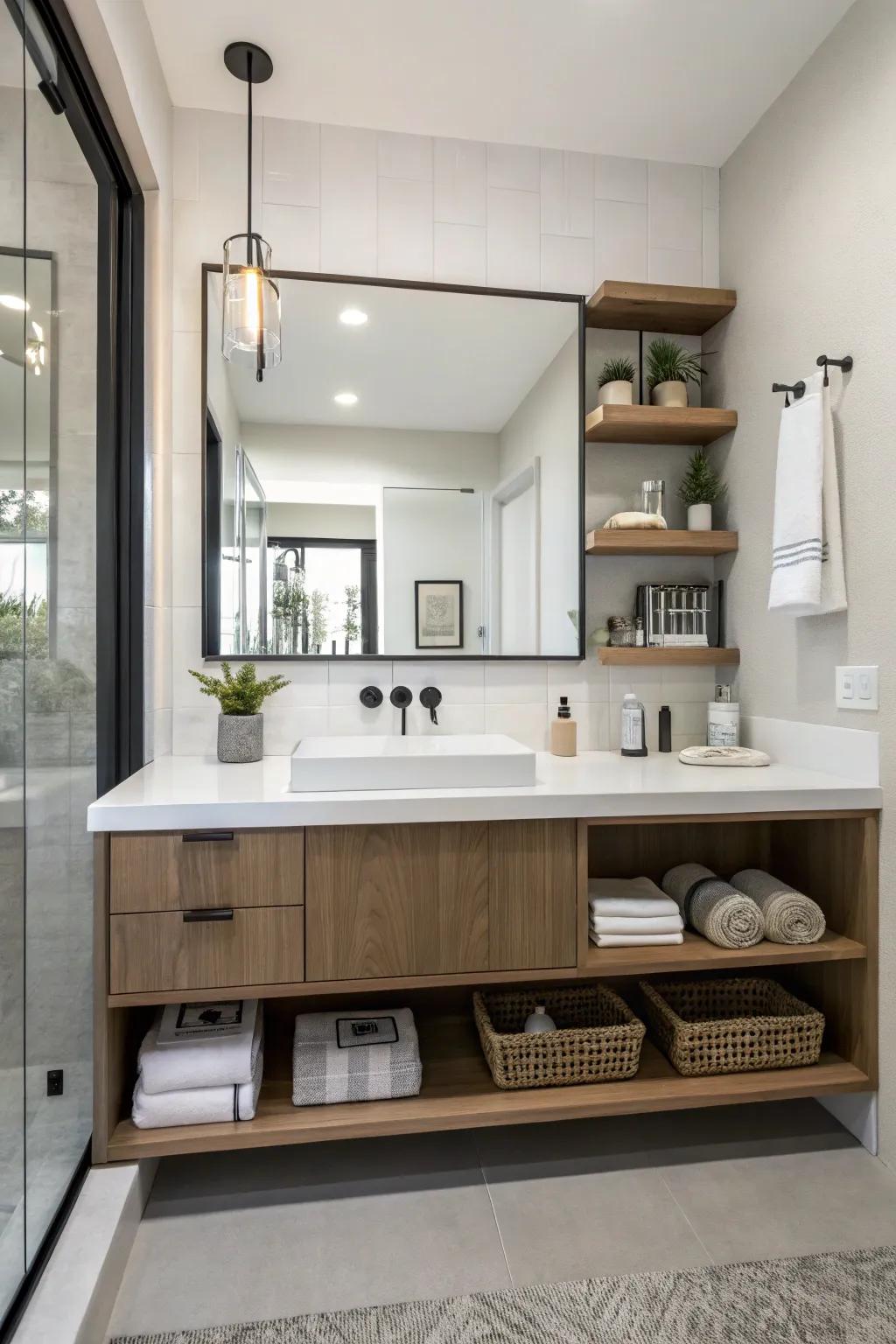 A bathroom showcasing a floating vanity with open shelving for a modern and functional look.