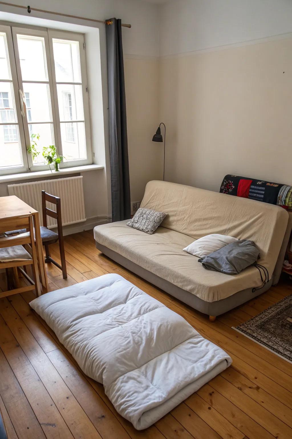 A futon provides versatile seating and sleeping options.