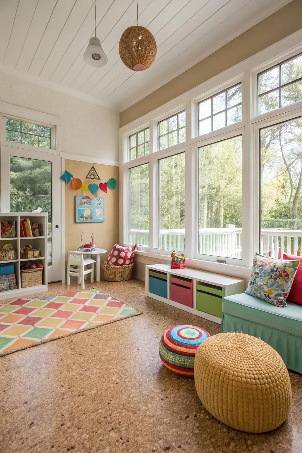 Family-oriented sunroom featuring tree bark flooring.