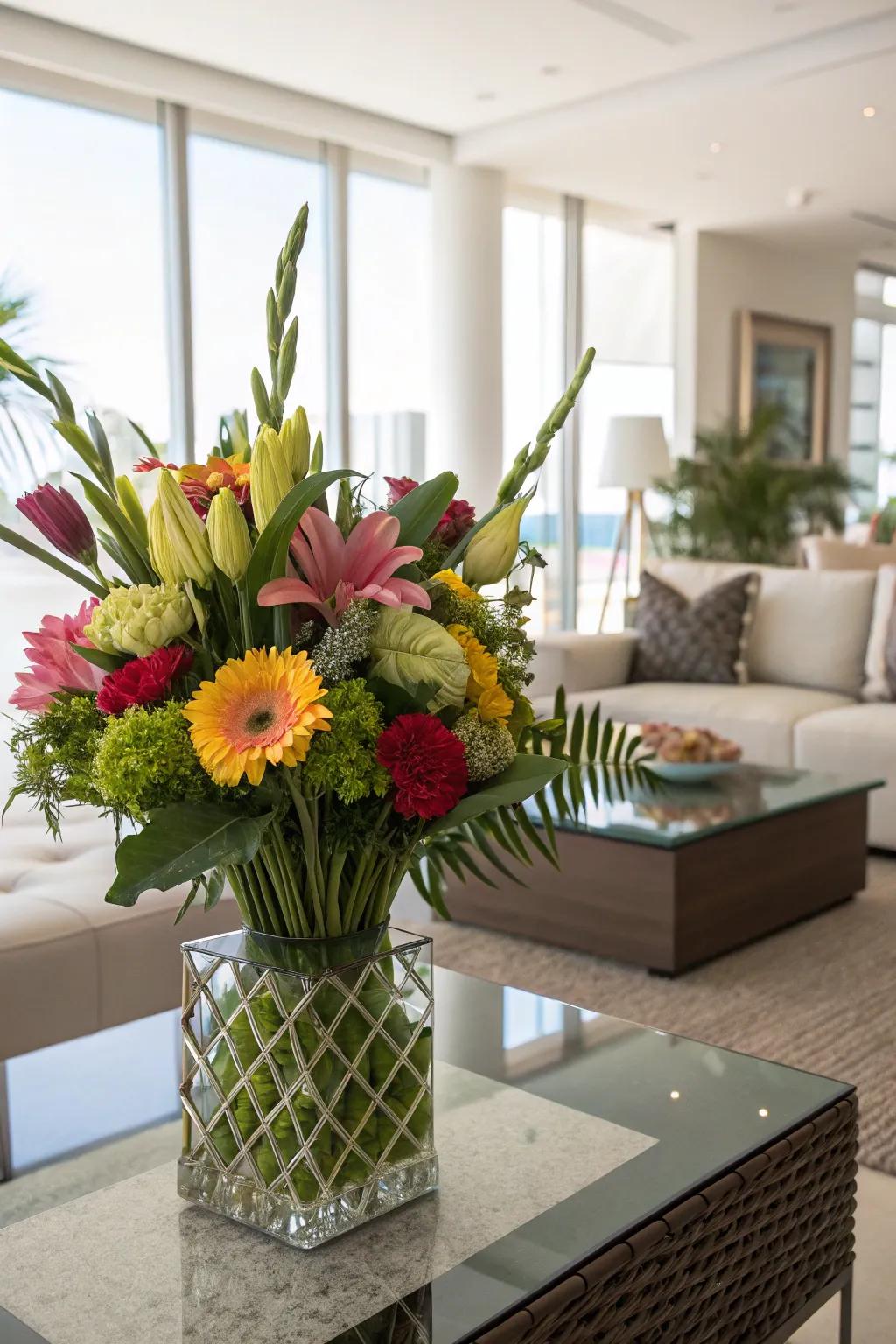 A structured arrangement adding elegance to a contemporary living room.