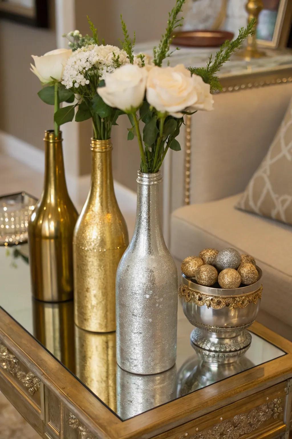 Introduce a hint of charm to your decor using metallic painted bottle vases.