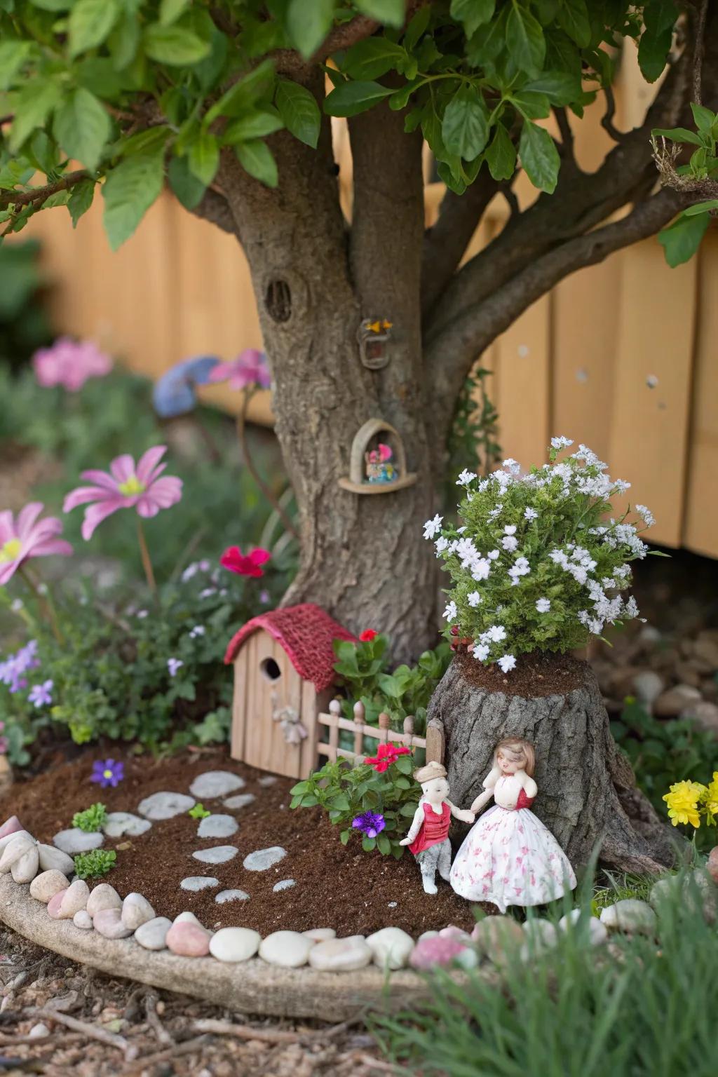 A fairy garden infuses bewitching whimsy at the base of this tree.