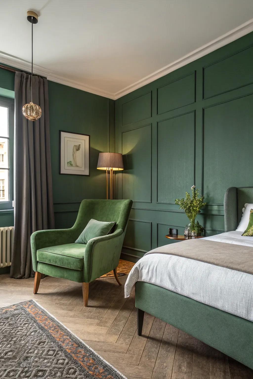 Accent furniture matches the woodland green theme beautifully.