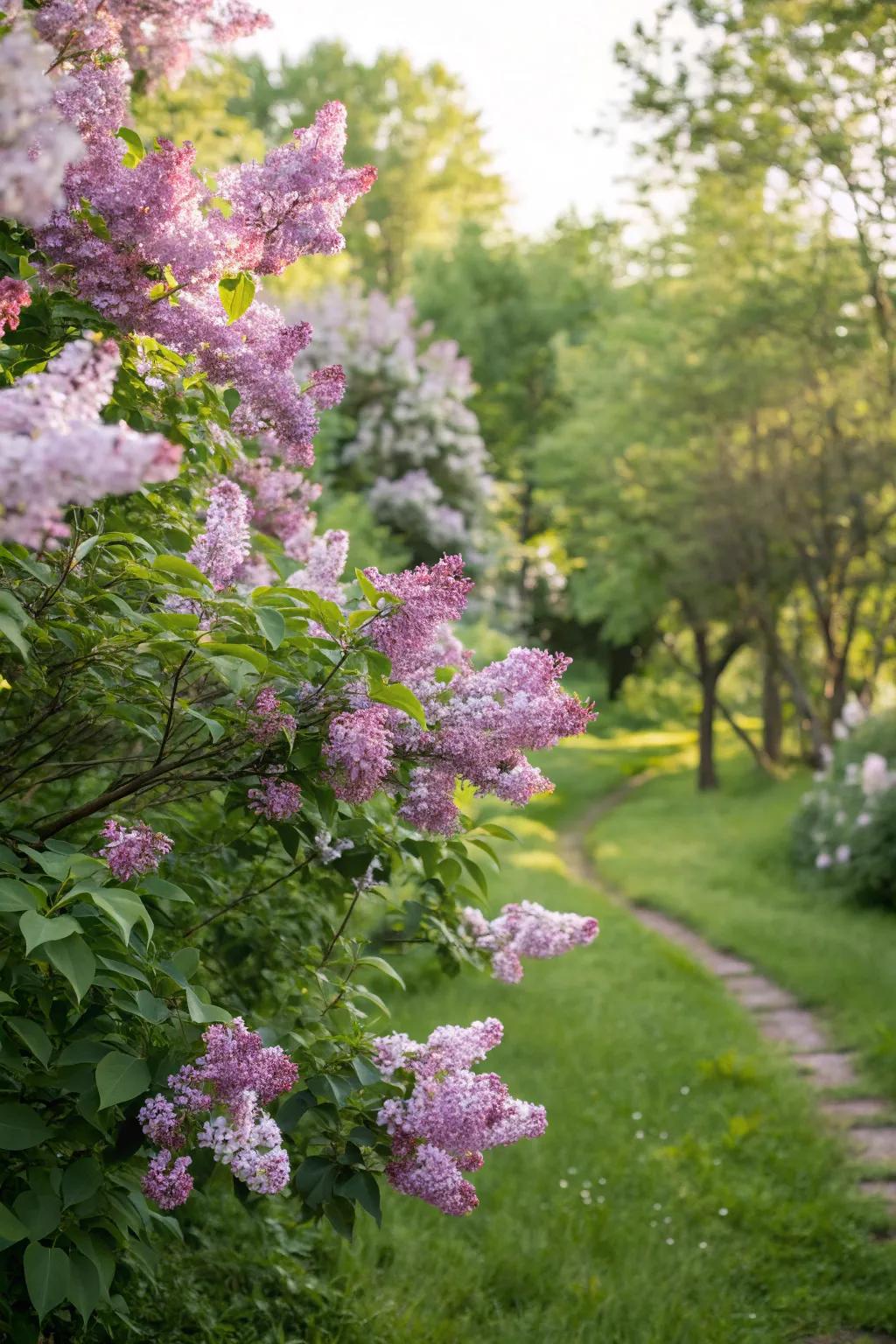 Syringa bushes filling the garden with sweet fragrance.