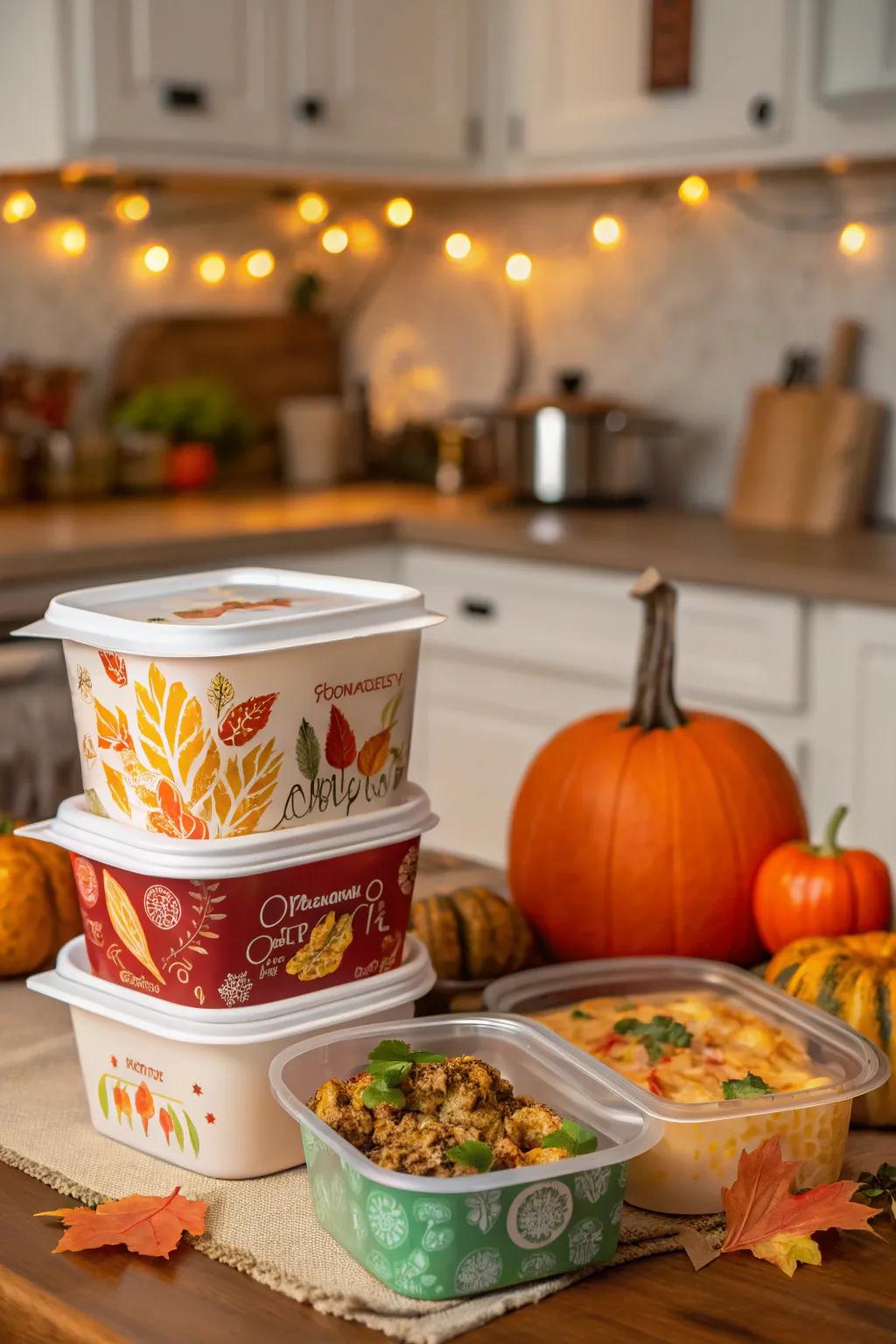 Celebratory containers poised for friends to take home leftovers.