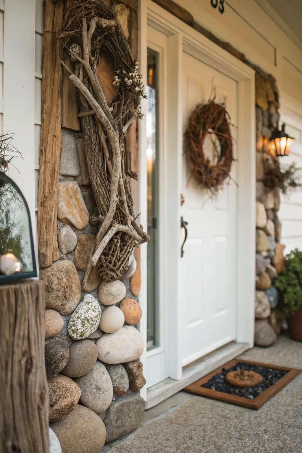 Inherent compositions append an earthy touch to the doorstep.