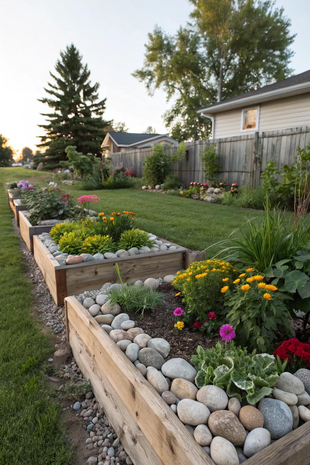 Beauty and dimension are added by elevated beds with river stones.