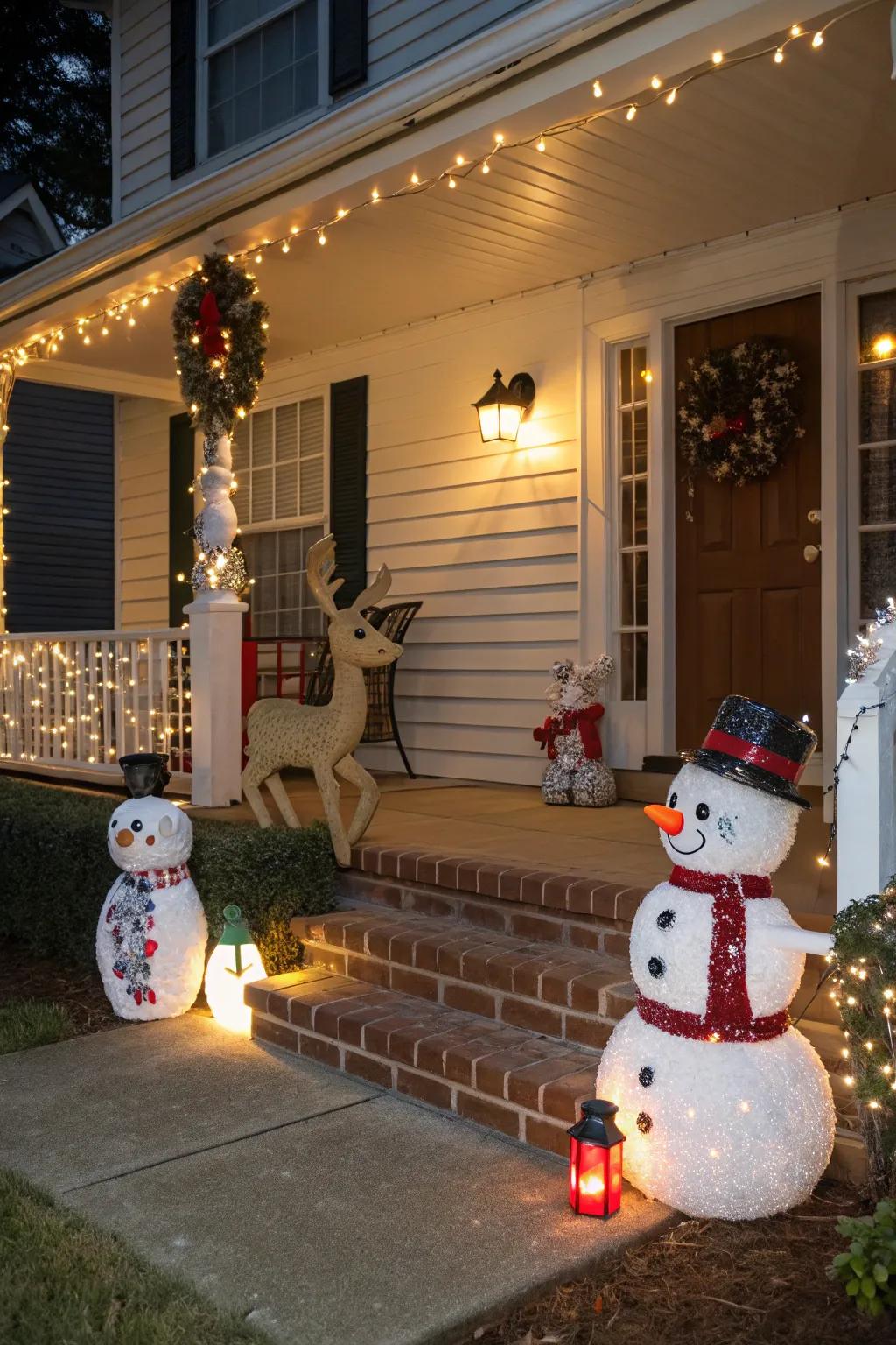 Holiday figurines bring a playful spirit to your porch.