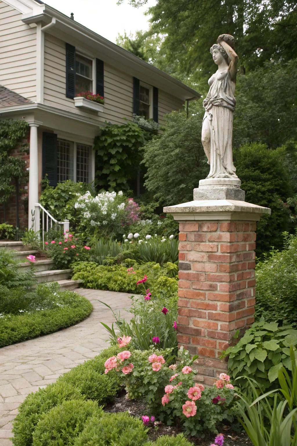 A brick stand beautifully highlights garden features.