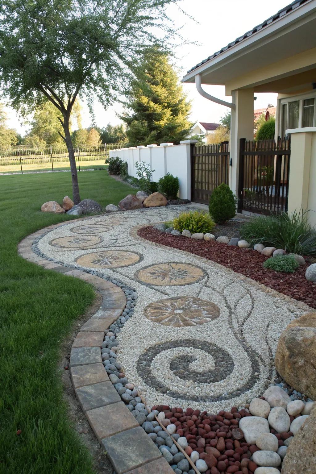 Artistic gravel patterns add a creative touch to the landscape.