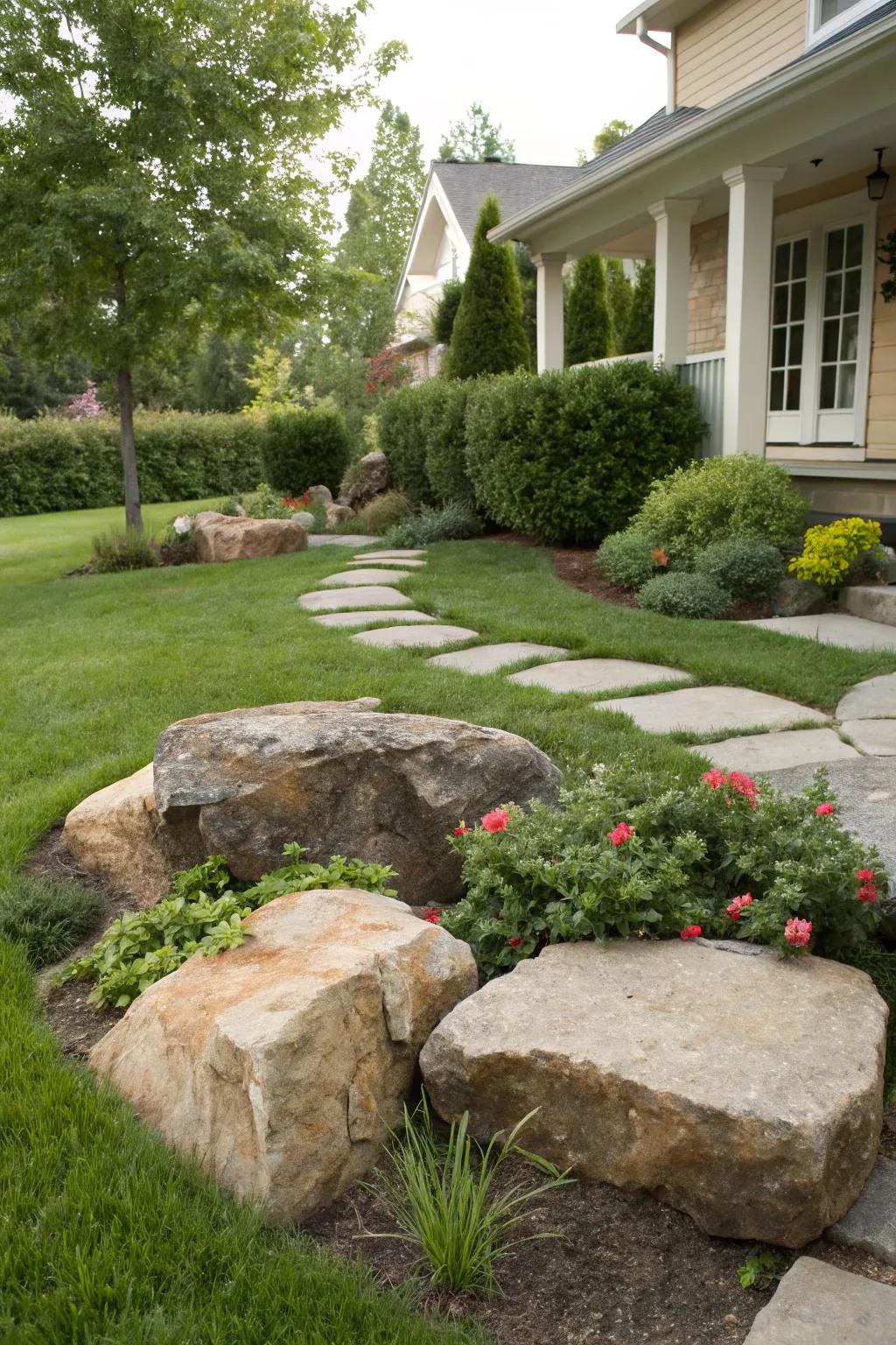 Establish natural lounging spaces with thoughtfully placed massive stones.