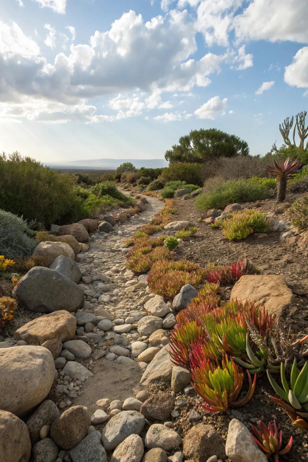 Dry creek beds impart activity to water-wise spaces.