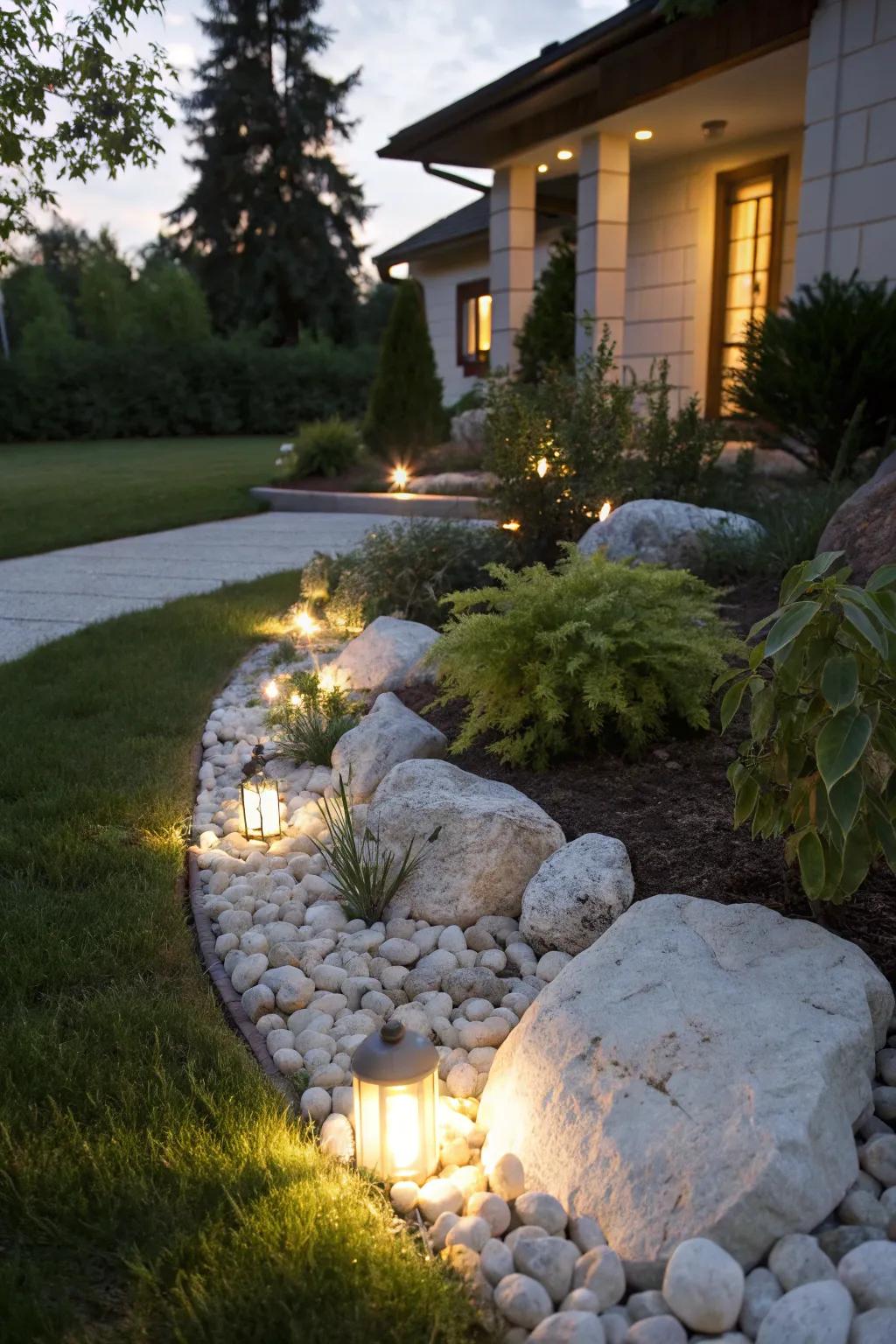 Illumination enhances the beauty of alabaster rock features at night.