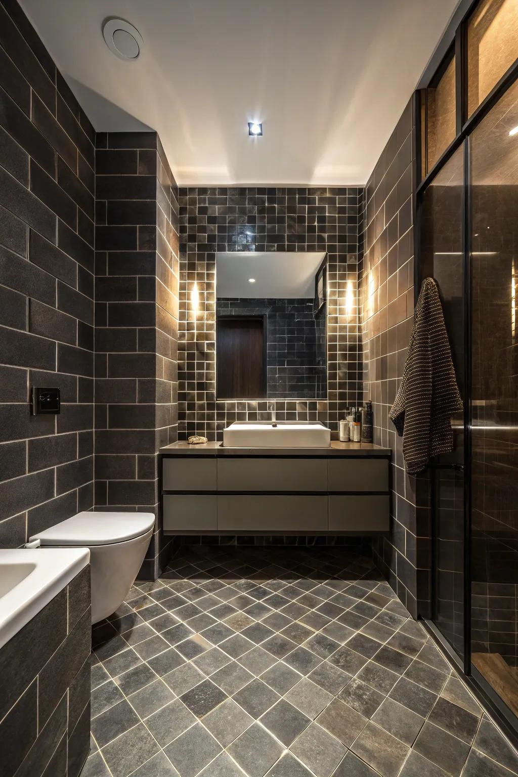 Floor-to-ceiling tiles create a cohesive and striking look.