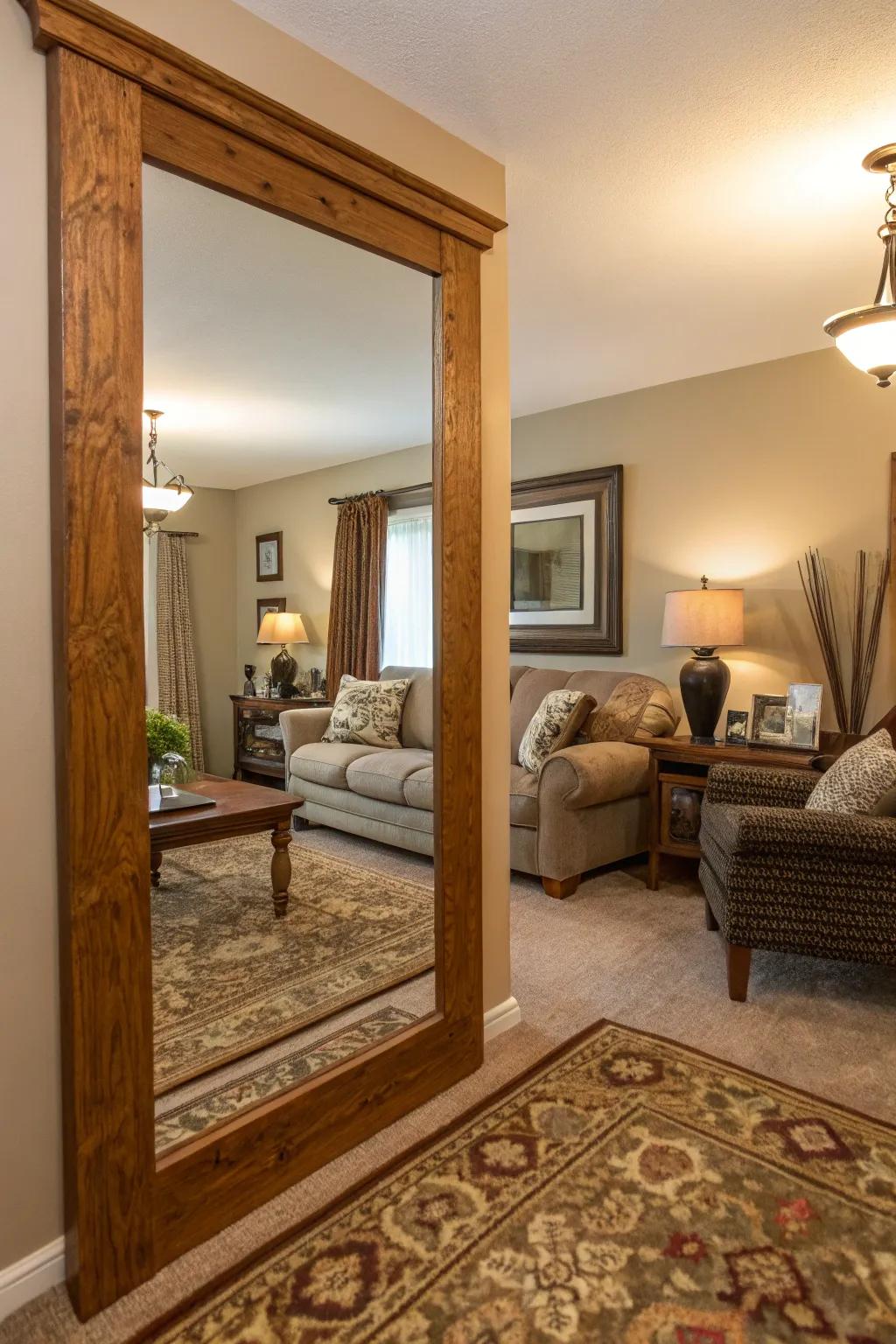 Mirrors with wood frames add a warm and inviting touch.