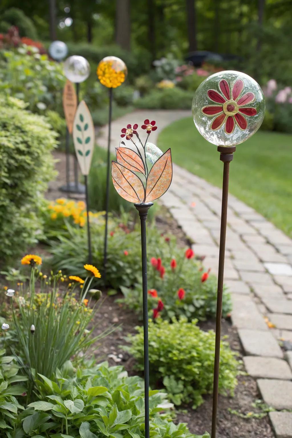 Seasonal-themed stakes imbuing year-round festivity to the garden.