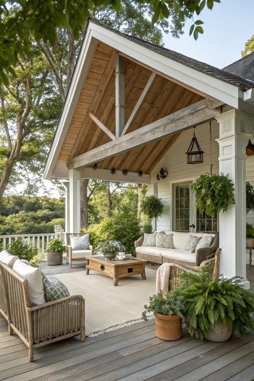 A rustic chic porch that marries comfort with elegance.