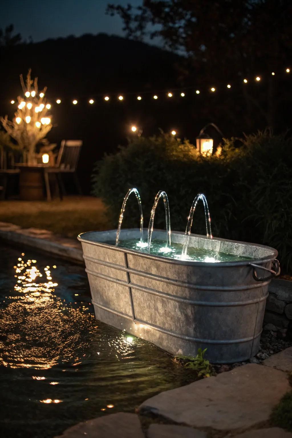 Underwater diode illuminations illuminate a basin fountain during the night.