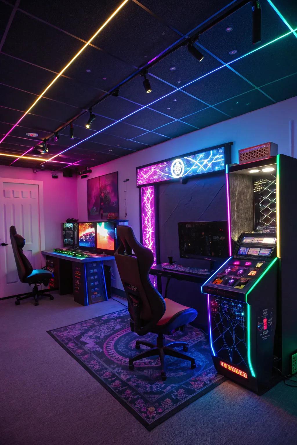 Glow-in-the-dark features add a whimsical touch to this gaming room.