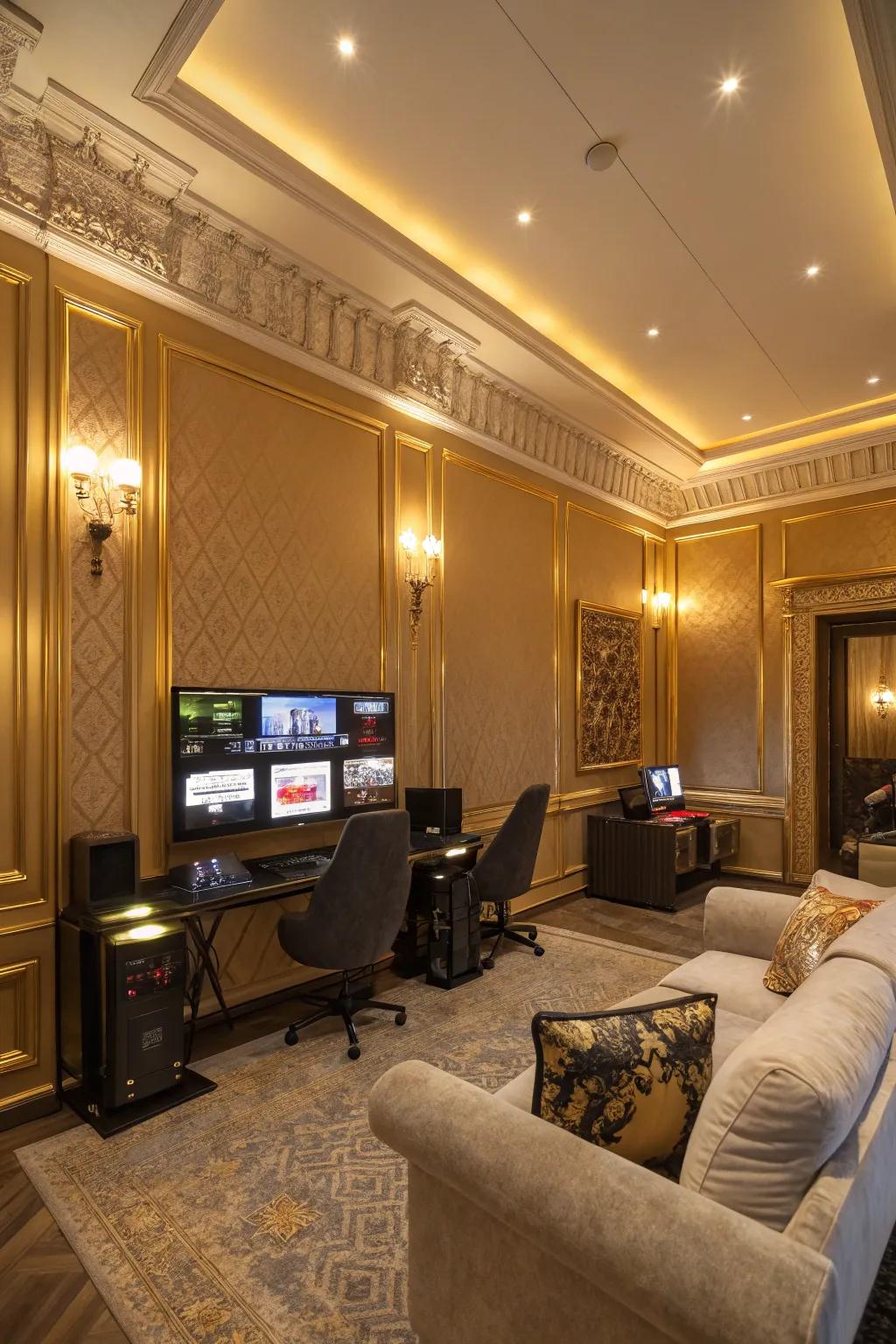 Golden hues add warmth and luxury to your gaming room.