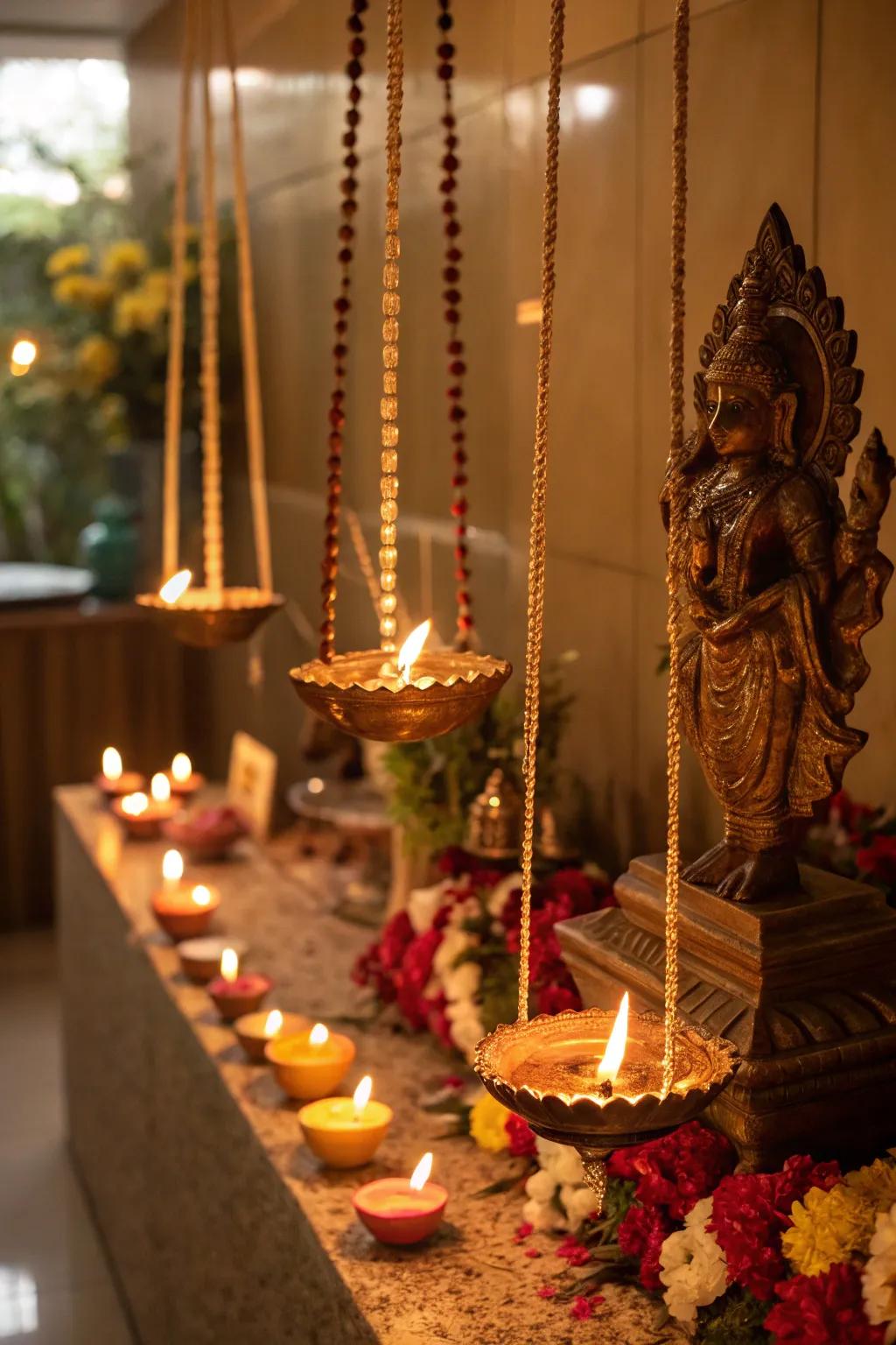 Elaborate lamps illuminating the Ganpati celebration.